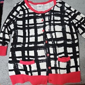 Christopher & Banks Black and White Cardigan with Red Accents